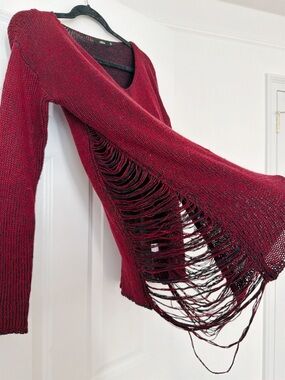 Millau Women's Wine Red Fringe V-Neck Sweater